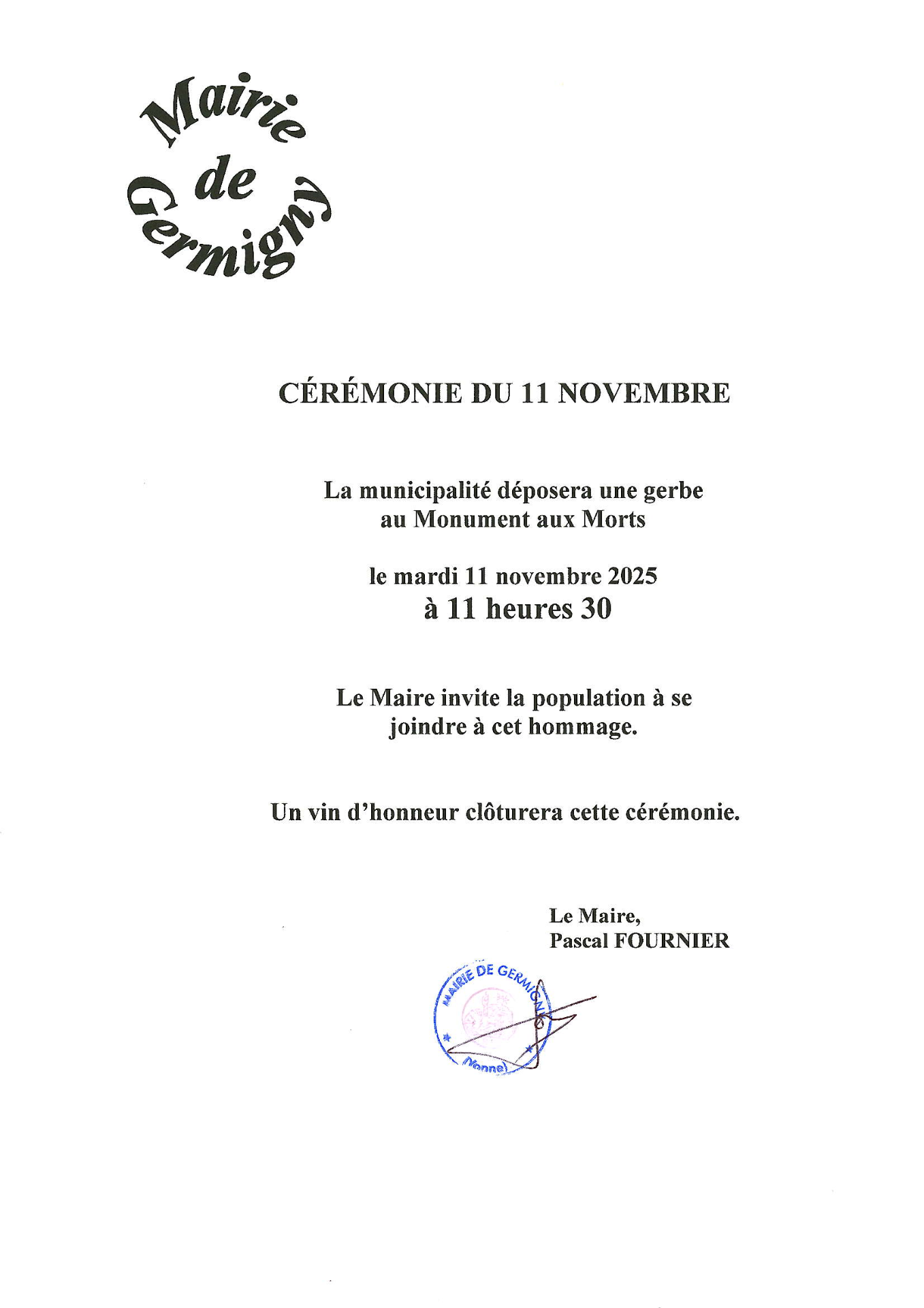 Cérémonie mardi 11 novembre 2025 à 11h30